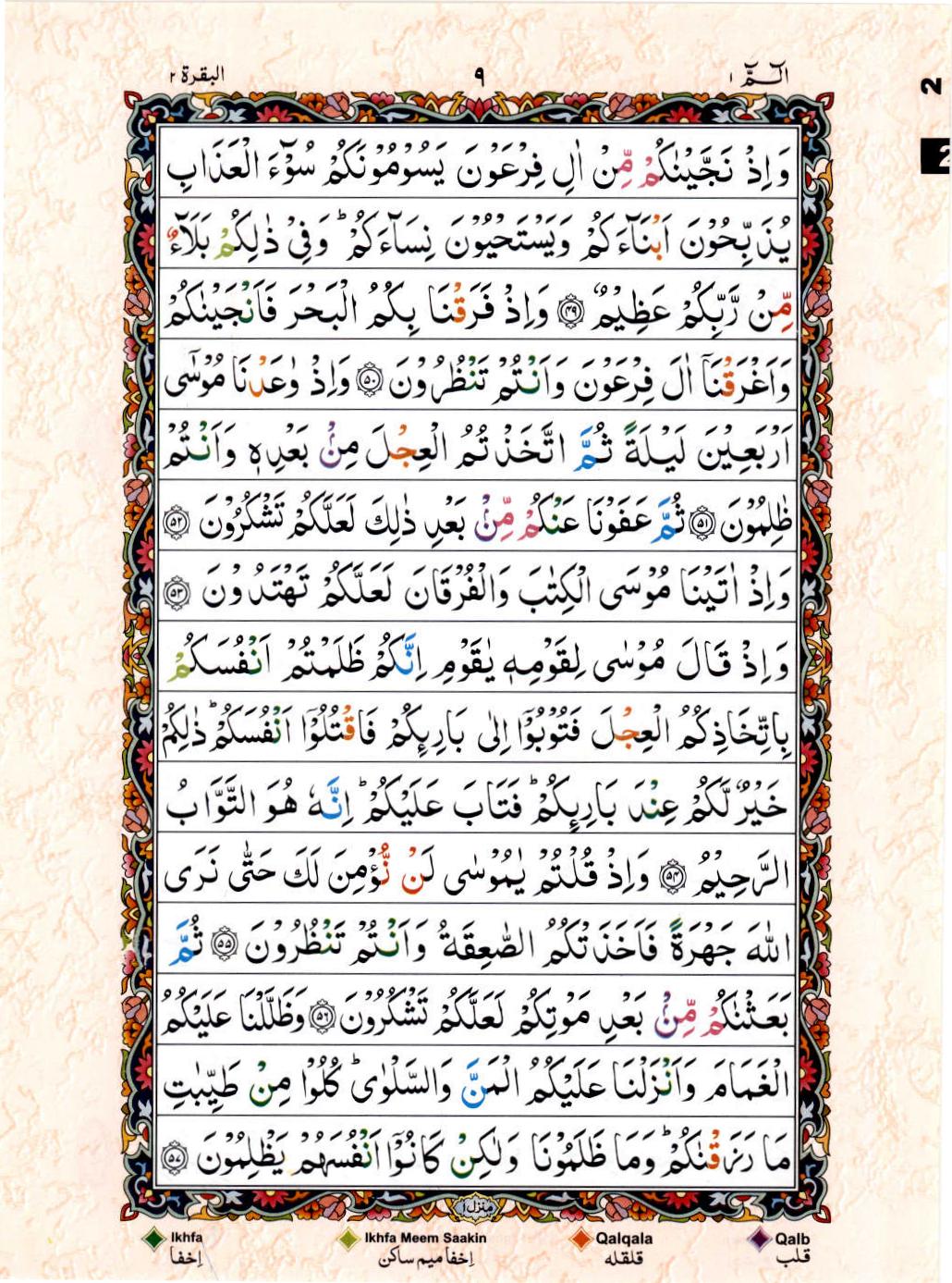 Read Al Quran 15 Lines Part / Chapter / Siparah 1 Page No 9