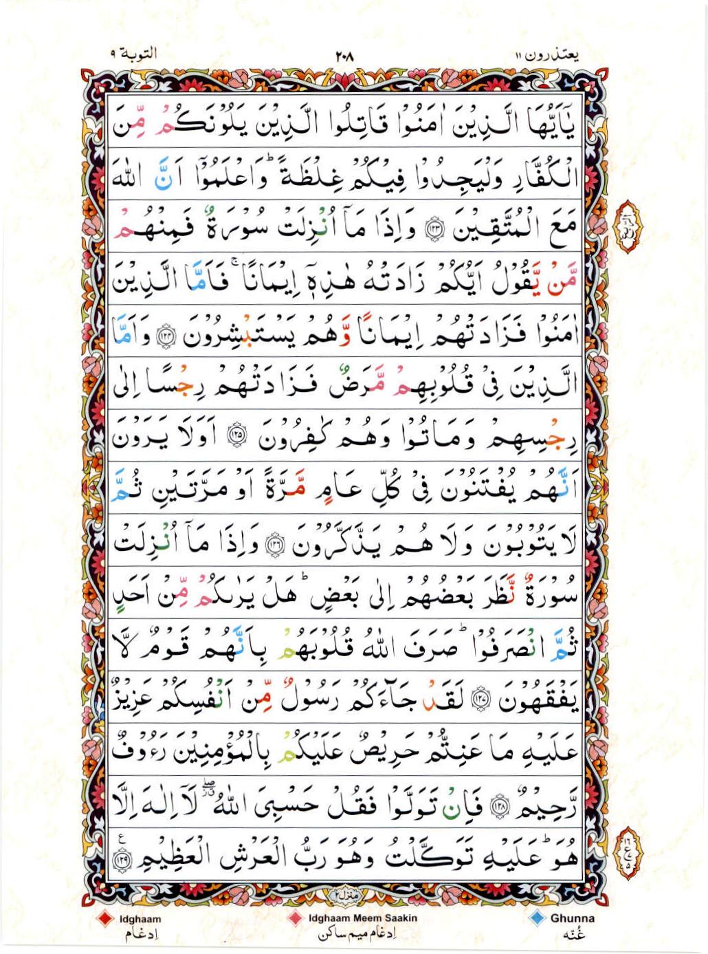 Read Al Quran 15 Lines Part / Chapter / Siparah 11 Page No 208