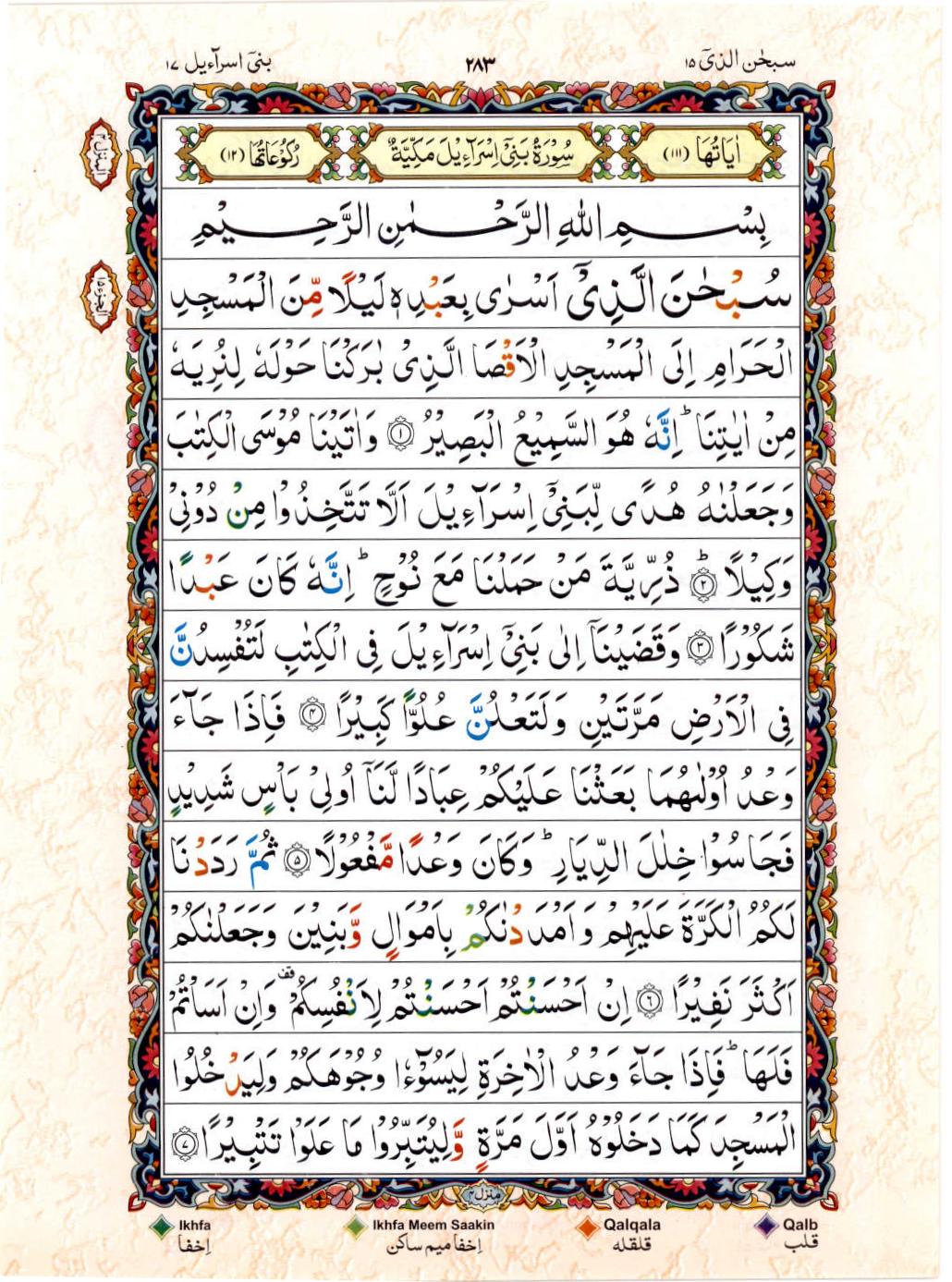 Read Al Quran 15 Lines Part / Chapter / Siparah 15 Page No 283