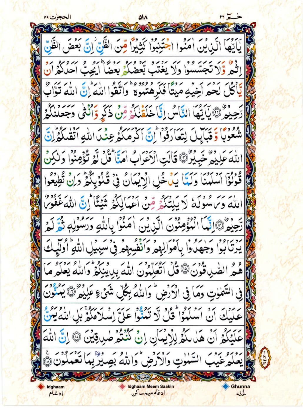 Read Al Quran 15 Lines Part / Chapter / Siparah 26 Page No 518