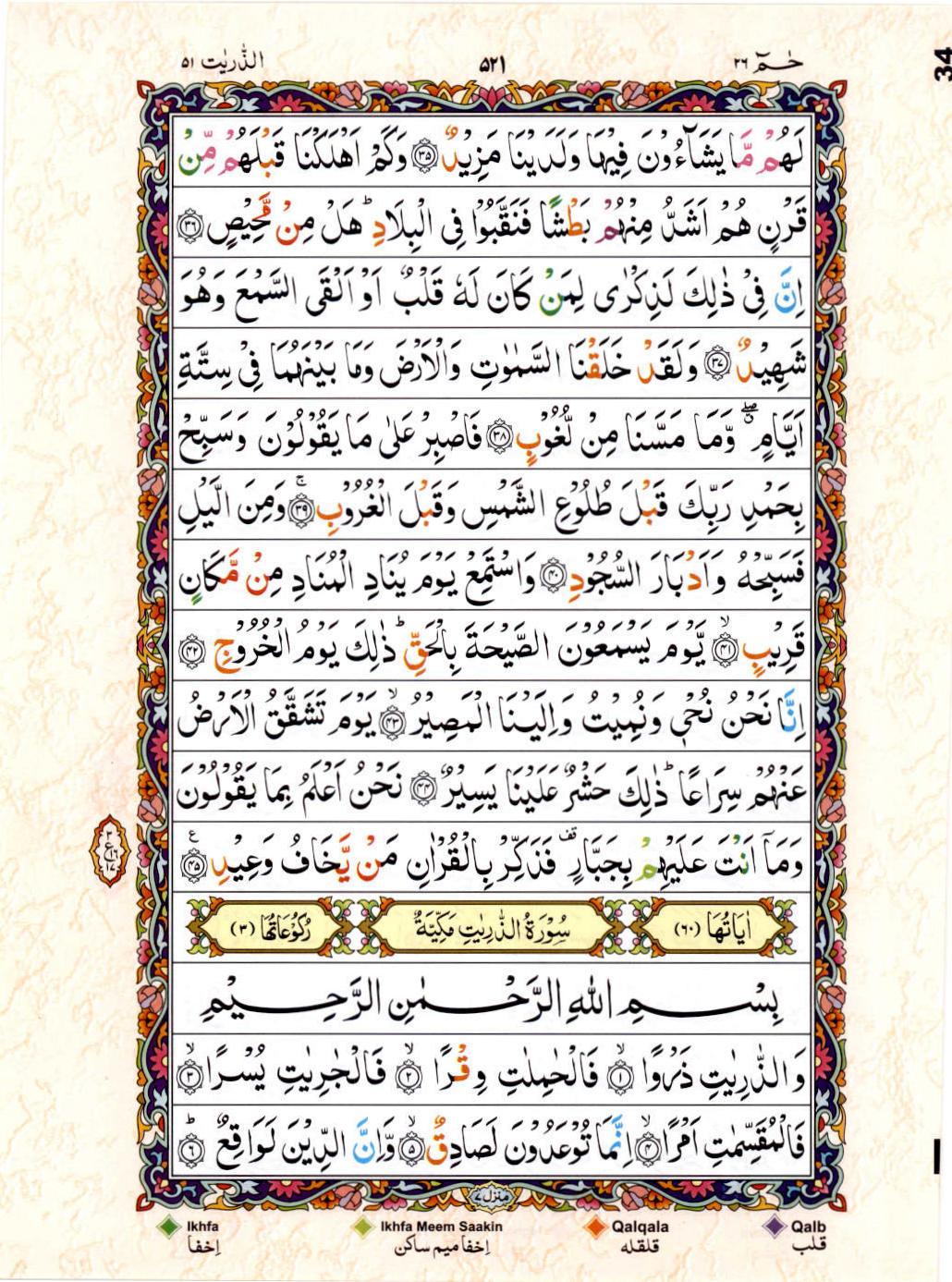 Read Al Quran 15 Lines Part / Chapter / Siparah 26 Page No 521