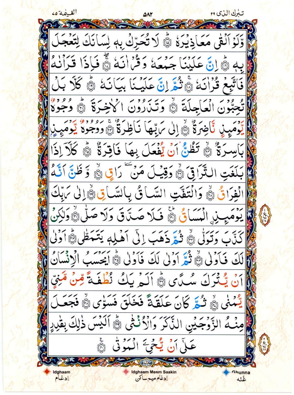 Read Al Quran 15 Lines Part / Chapter / Siparah 29 Page No 582