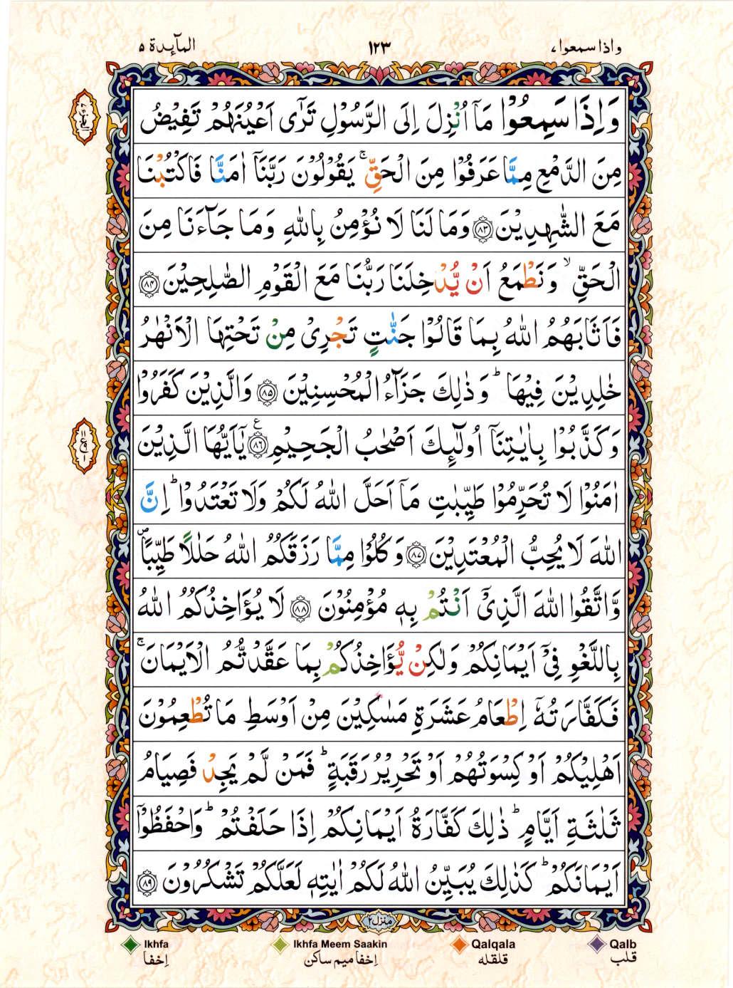 Read Al Quran 15 Lines Part / Chapter / Siparah 7 Page No 123